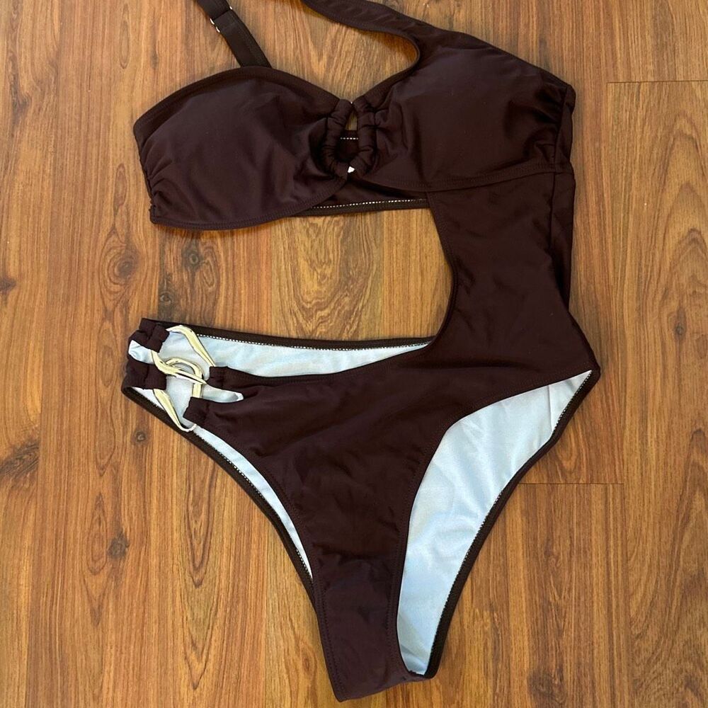 New gorgeous chocolate brown cut out side swimsuit one piece bikini with gold ha